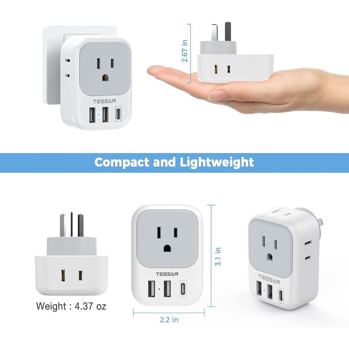 TYPE-I - TESSAN Type I US to Australia, China, New Zealand, Argentina, Fiji, AU, Travel Plug Adapter with 4 Outlets 3 USB Charging Ports (1 USB C) (Type I) - [Grounded & Universal]