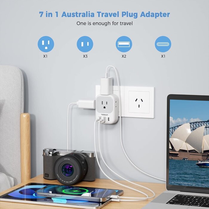 TYPE-I - TESSAN Type I US to Australia, China, New Zealand, Argentina, Fiji, AU, Travel Plug Adapter with 4 Outlets 3 USB Charging Ports (1 USB C) (Type I) - [Grounded & Universal]