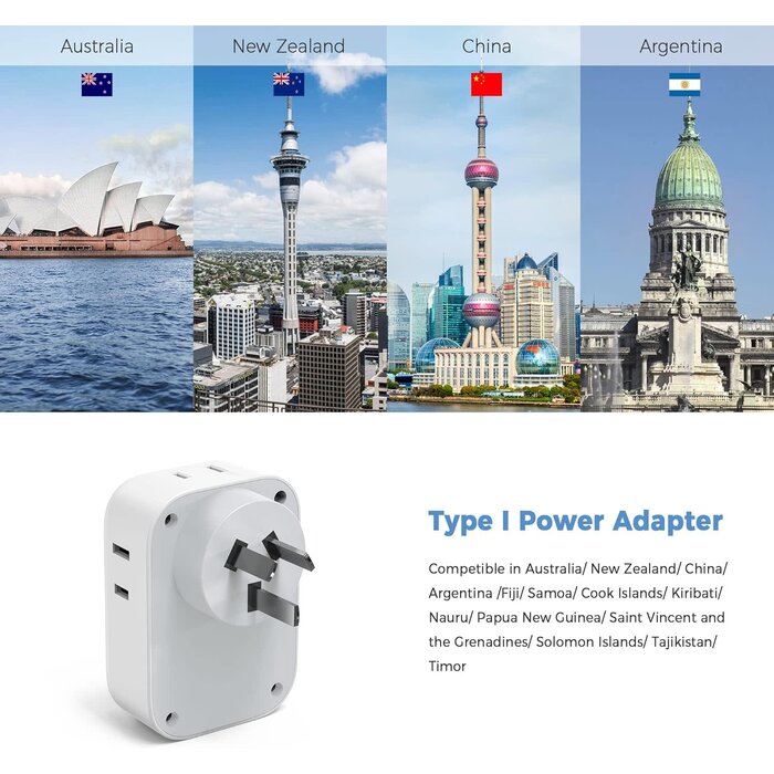 TYPE-I - TESSAN Type I US to Australia, China, New Zealand, Argentina, Fiji, AU, Travel Plug Adapter with 4 Outlets 3 USB Charging Ports (1 USB C) (Type I) - [Grounded & Universal]