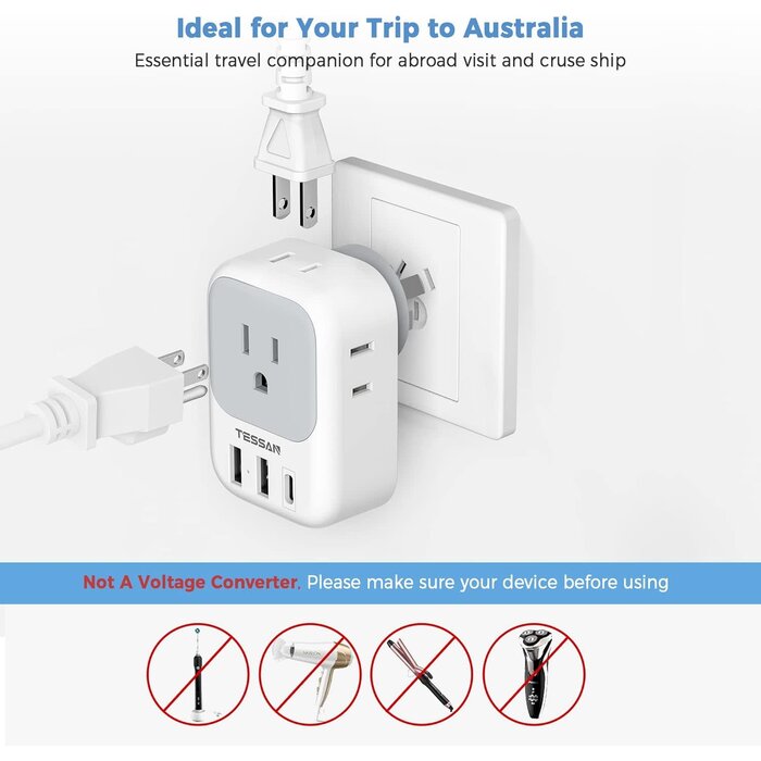 TYPE-I - TESSAN Type I US to Australia, China, New Zealand, Argentina, Fiji, AU, Travel Plug Adapter with 4 Outlets 3 USB Charging Ports (1 USB C) (Type I) - [Grounded & Universal]