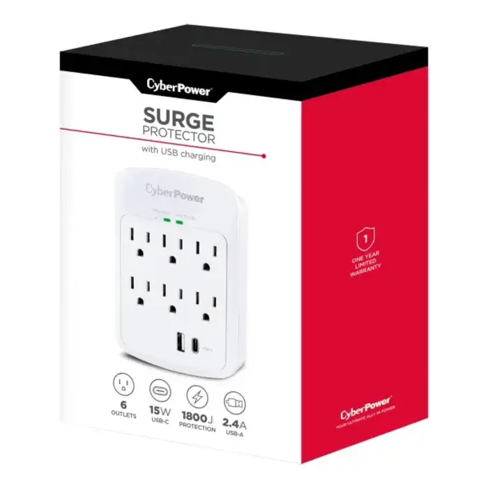 CYBP600WU - CyberPower® 6-AC Outlet and 2-USB Port 1,800-Joules Home Office Series Surge Protector Wall Tap, P6WUC15