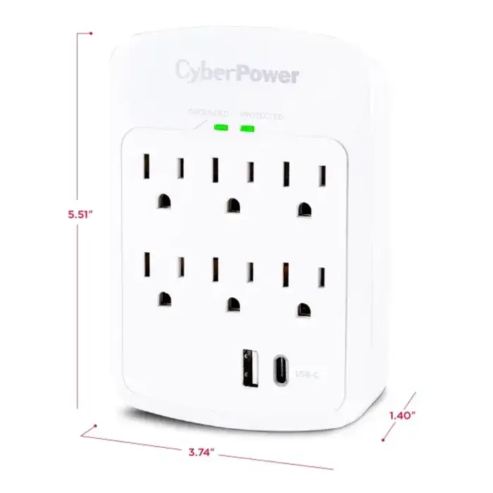 CYBP600WU - CyberPower® 6-AC Outlet and 2-USB Port 1,800-Joules Home Office Series Surge Protector Wall Tap, P6WUC15