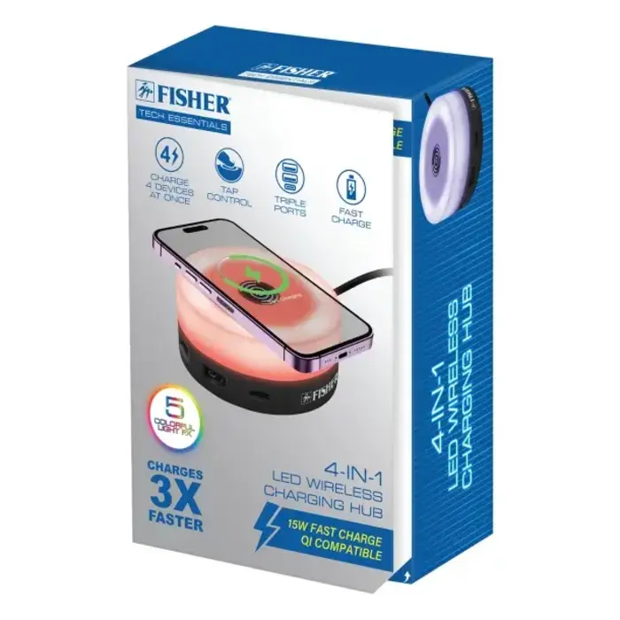 FWIC297K - Previous Next FISHER® Tech Essentials 15-Watt 4-in-1 Wireless Charging Hub (Black)