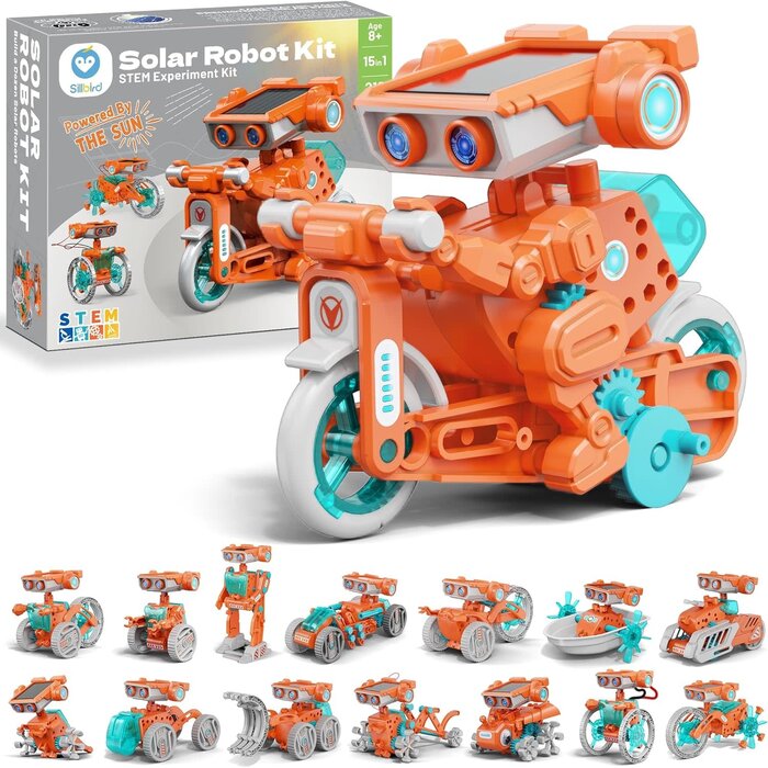 SOLAR-BOT - Sillbird Solar Robot Building Kit STEM Gift for Boys Aged 8-14, 15-in-1 DIY Science Educational Robotic Set, Solar or Battery Powered Toy for Kids Birthday with 212 Pieces