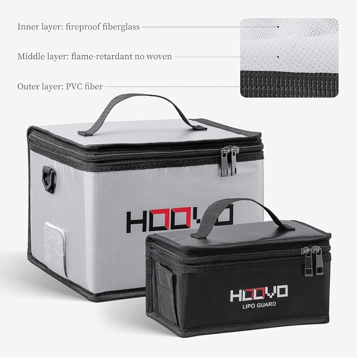 HOOVO-2PK - HOOVO 2 Pack Fireproof Explosionproof Lipo Battery Safe Bag, LiPo Guard Safe Bag for Lipo Battery Storage and Charging with Double Zipper