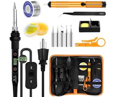 SOLDER-KIT - LJPXHHU Soldering Iron Kit 80W LCD Adjustable Temperature 180-520℃ Solder Kit Electronics 13 in 1 Welding Tools with ON/OFF Switch, Solder Wire, Flux, 5 Soldering Tips, Desoldering Pump, Stand, Tweezers