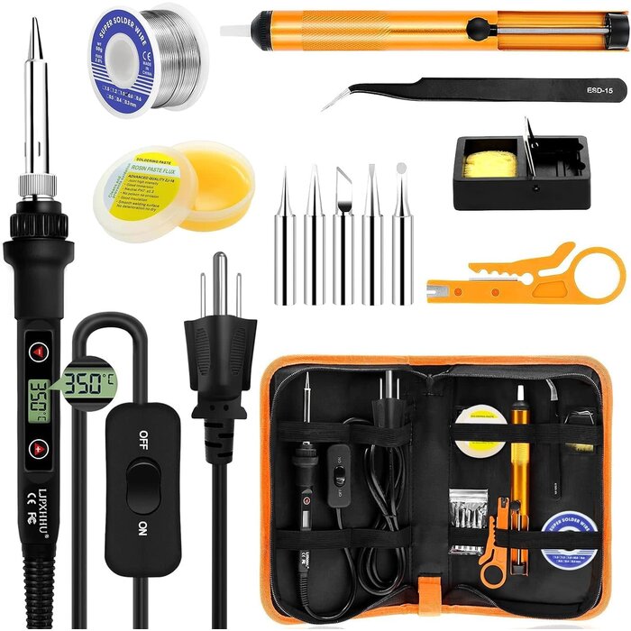 SOLDER-KIT - LJPXHHU Soldering Iron Kit 80W LCD Adjustable Temperature 180-520℃ Solder Kit Electronics 13 in 1 Welding Tools with ON/OFF Switch, Solder Wire, Flux, 5 Soldering Tips, Desoldering Pump, Stand, Tweezers