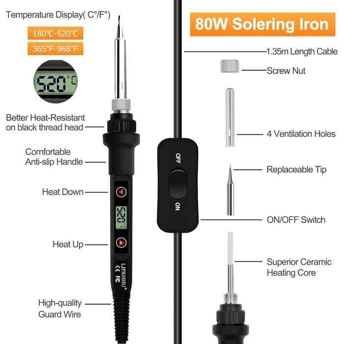 SOLDER-KIT - LJPXHHU Soldering Iron Kit 80W LCD Adjustable Temperature 180-520℃ Solder Kit Electronics 13 in 1 Welding Tools with ON/OFF Switch, Solder Wire, Flux, 5 Soldering Tips, Desoldering Pump, Stand, Tweezers