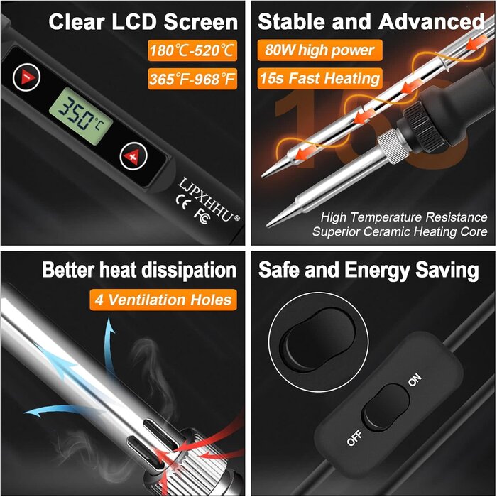 SOLDER-KIT - LJPXHHU Soldering Iron Kit 80W LCD Adjustable Temperature 180-520℃ Solder Kit Electronics 13 in 1 Welding Tools with ON/OFF Switch, Solder Wire, Flux, 5 Soldering Tips, Desoldering Pump, Stand, Tweezers
