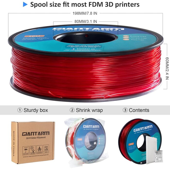 GIANTARM TPU-TRNSPT-RED - GIANTARM TPU Filament 1.75mm Flexible Soft 3D Printer Consumables Transparent Red, 95A 1kg Spool (2.2 lbs.), Dimensional Accuracy +/- 0.05 mm