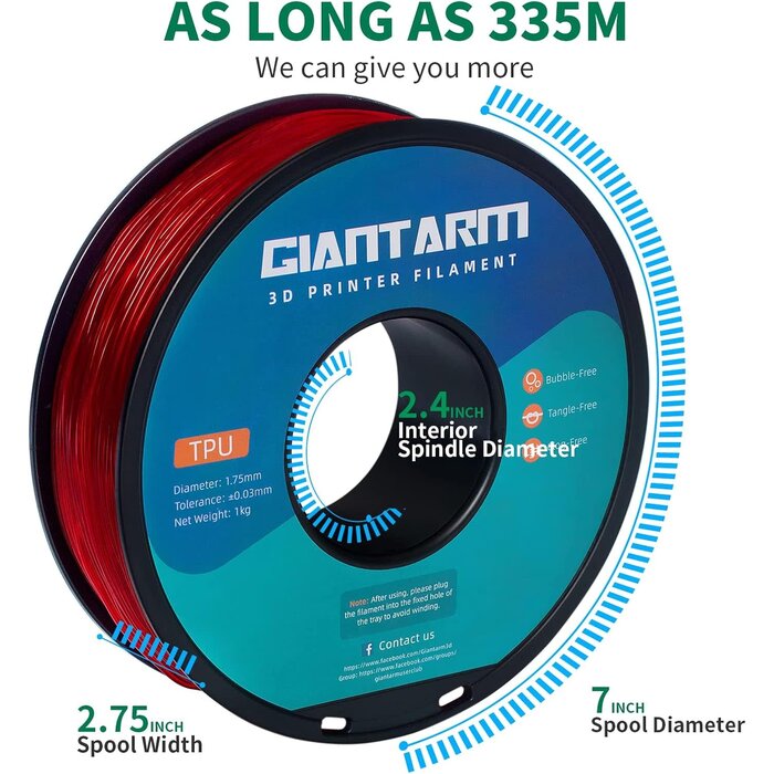 GIANTARM TPU-TRNSPT-RED - GIANTARM TPU Filament 1.75mm Flexible Soft 3D Printer Consumables Transparent Red, 95A 1kg Spool (2.2 lbs.), Dimensional Accuracy +/- 0.05 mm