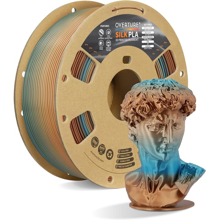 OVPLA-SLK-CPPR-SHORE - OVERTURE Silk Copper Shore PLA Rainbow Filament 1.75mm, Bi-Color Shiny PLA Finish, Smooth & Glossy, 1kg Spool (2.2lbs), Ideal for Cosplay Jewelry & Home Decor (Silk Copper Shore)