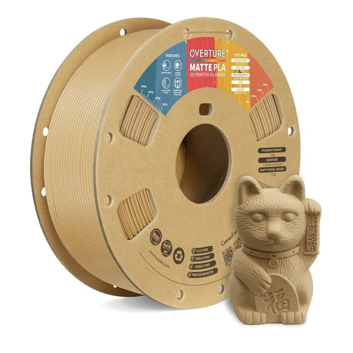 OVPLA-MATTE-WOOD - OVERTURE Matte PLA 3D Printer Filament 1.75mm, Matt Surface & Low Warping Filament 1kg Spool (2.2 lbs), Accuracy +/- 0.02 mm, Fit Most FDM Printers (Matte Wood)