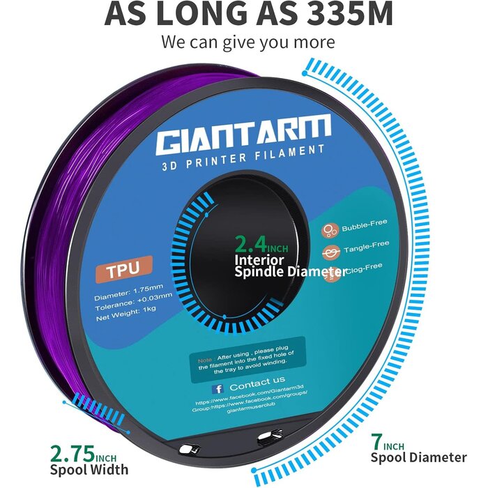 GIANTARM TPU-PRPL - GIANTARM TPU Filament 1.75mm Flexible Soft 3D Printer Consumable s Purple,95A 1kg Spool (2.2 lbs.), Dimensional Accuracy +/- 0.05 mm