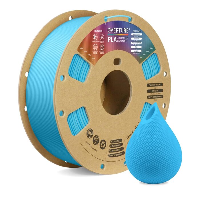 OVPLA-LT-BLU - OVERTURE Light Blue PLA Filament 1.75mm, Neatly Wound 3D Printer Filament 1kg Spool (2.2lbs), Dimensional Accuracy +/- 0.02 mm, Fit Most FDM 3D Printers (Light Blue)