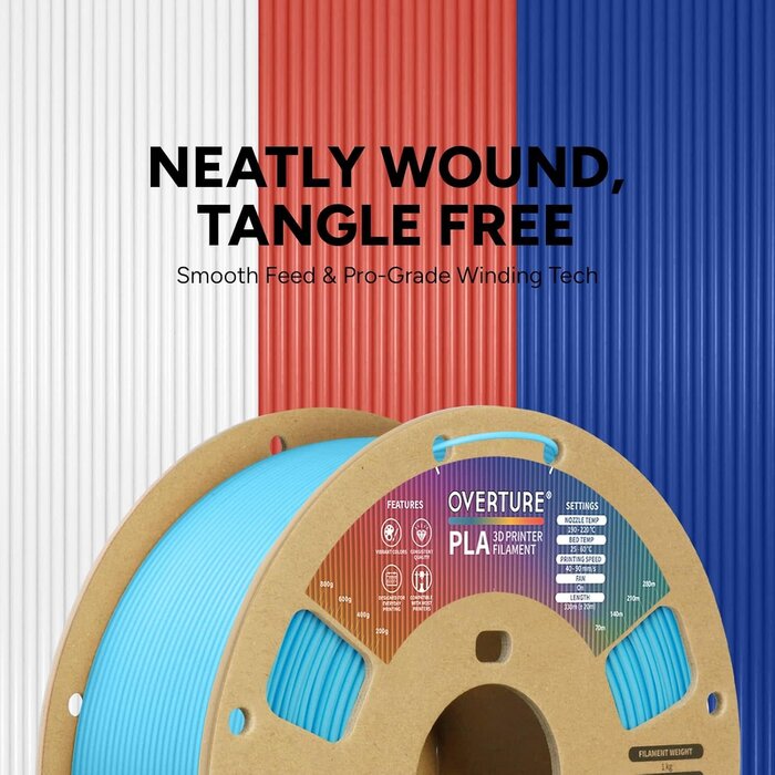 OVPLA-LT-BLU - OVERTURE Light Blue PLA Filament 1.75mm, Neatly Wound 3D Printer Filament 1kg Spool (2.2lbs), Dimensional Accuracy +/- 0.02 mm, Fit Most FDM 3D Printers (Light Blue)