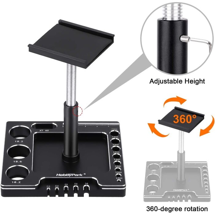 STAND-1/18/24-BLK/SLVR - Hobbypark 1/18 1/24 RC Crawler Work Stand 360 Degree Rotation Lift Or Lower RC Car Repair Workstation for TRX4M TRX4MT Axial SCX24 AX24 FCX24 Tools (Unassembled) (Black-Silver)