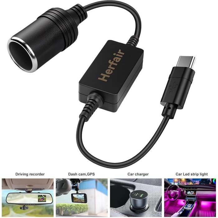 USBC-DC - Herfair USB C-Male to 12V 2A Car Cigarette Lighter Socket Female Converter Adapter Power Cable for Under 8W Radar Detector, Dash Cam, GPS (USB C Port only Worked with PD Functional Chargers)