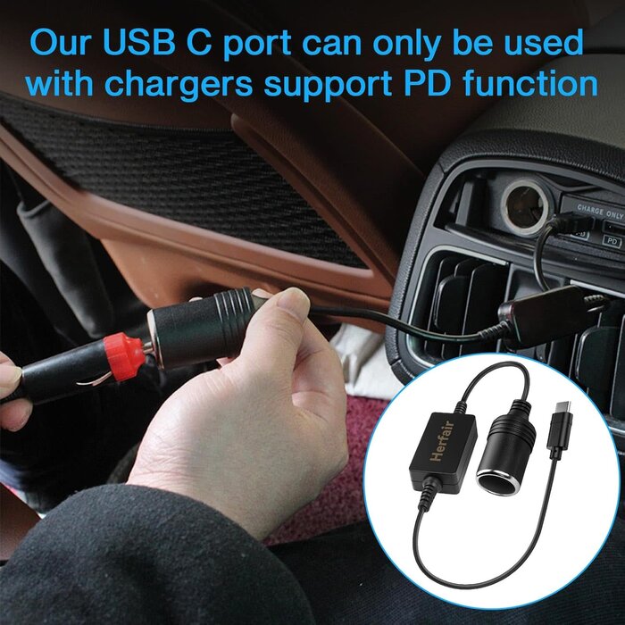 USBC-DC - Herfair USB C-Male to 12V 2A Car Cigarette Lighter Socket Female Converter Adapter Power Cable for Under 8W Radar Detector, Dash Cam, GPS (USB C Port only Worked with PD Functional Chargers)
