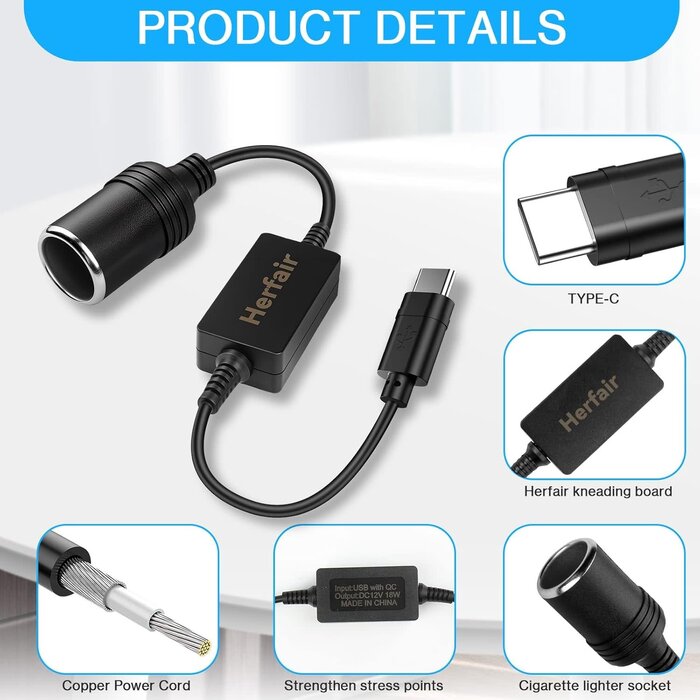 USBC-DC - Herfair USB C-Male to 12V 2A Car Cigarette Lighter Socket Female Converter Adapter Power Cable for Under 8W Radar Detector, Dash Cam, GPS (USB C Port only Worked with PD Functional Chargers)