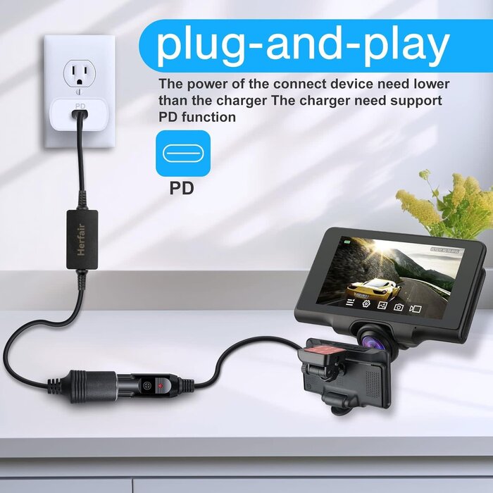 USBC-DC - Herfair USB C-Male to 12V 2A Car Cigarette Lighter Socket Female Converter Adapter Power Cable for Under 8W Radar Detector, Dash Cam, GPS (USB C Port only Worked with PD Functional Chargers)