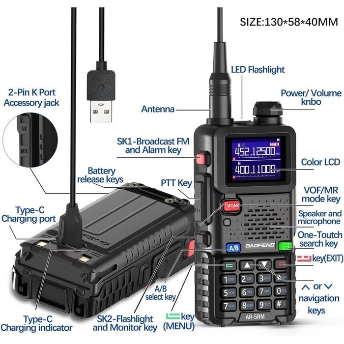 Baofeng AR-5RM-10W - Baofeng UV-5R Baofeng Radio Ham Radio Handheld AR-5RM 10W Long Range Rechargeable Tactical NOAA Weather Two Way Radio Walkie Talkie for Adults with Programming Cable,USB-C Charging for Survival Gear Hunting