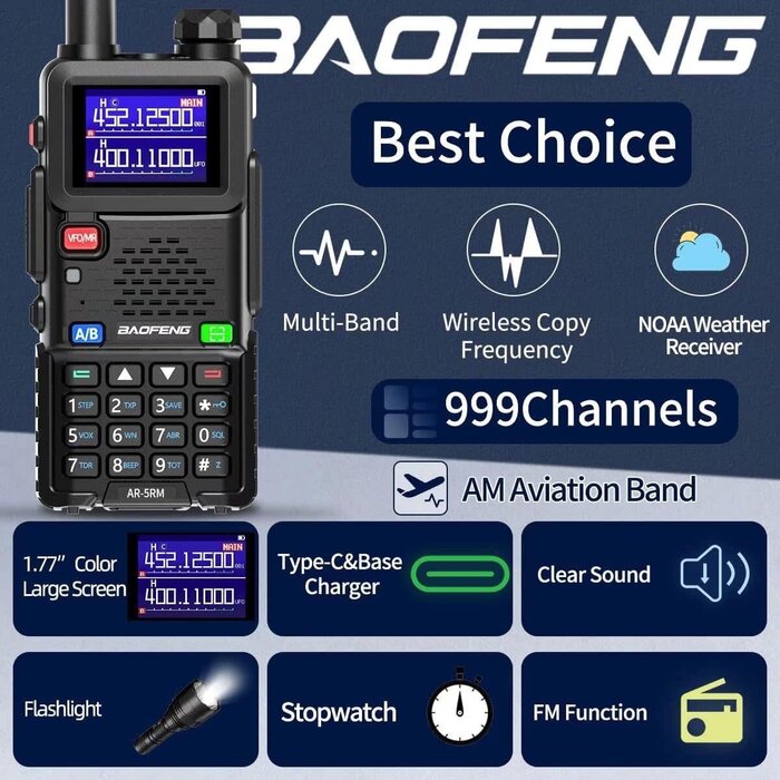 Baofeng AR-5RM-10W - Baofeng UV-5R Baofeng Radio Ham Radio Handheld AR-5RM 10W Long Range Rechargeable Tactical NOAA Weather Two Way Radio Walkie Talkie for Adults with Programming Cable,USB-C Charging for Survival Gear Hunting