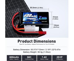 Z-2S-600mAh-7.4V-JST - Zeee 2S Lipo Battery 600mAh 7.4V 50C with JST Connector for FPV Helicopter Airplane RC Boat Racing Drone Quadcopter RC Car RC Models
