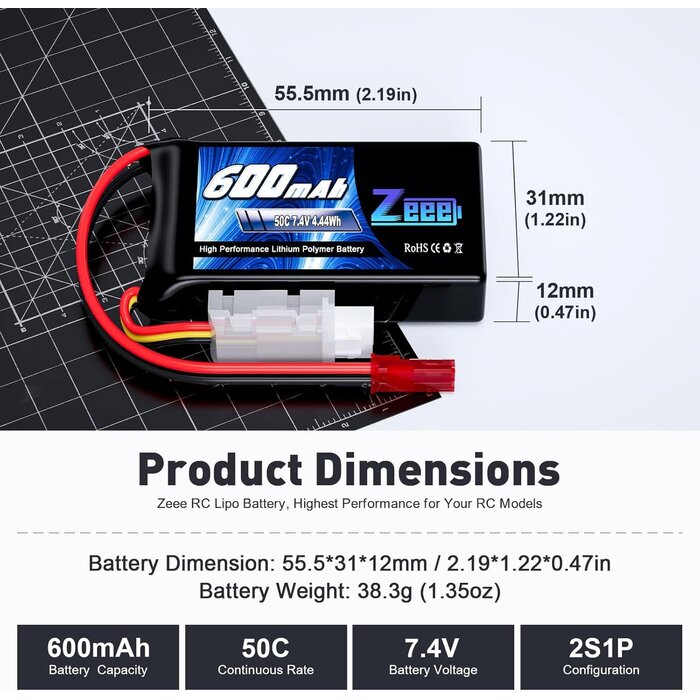 Z-2S-600mAh-7.4V-JST - Zeee 2S Lipo Battery 600mAh 7.4V 50C with JST Connector for FPV Helicopter Airplane RC Boat Racing Drone Quadcopter RC Car RC Models