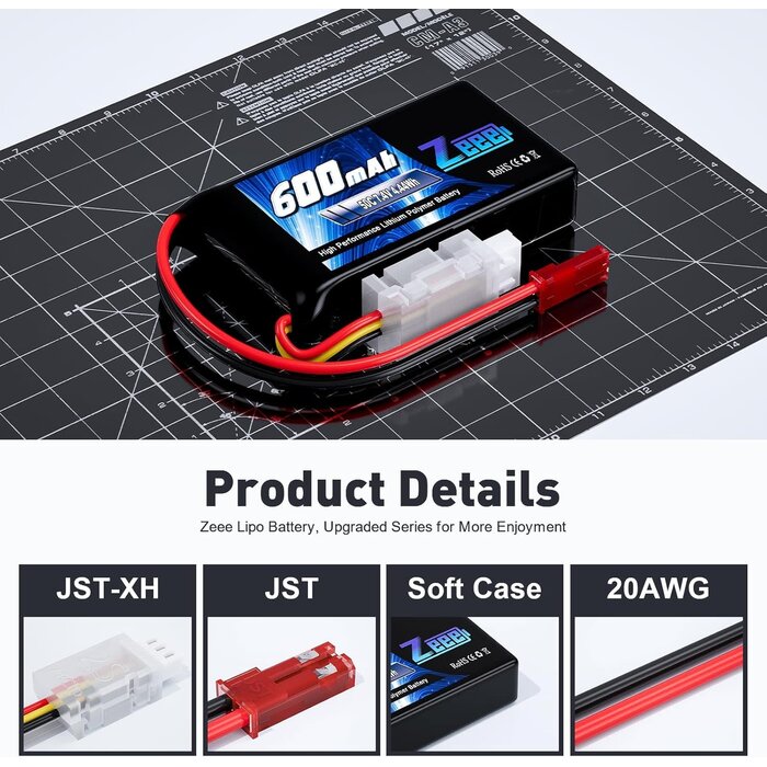 Z-2S-600mAh-7.4V-JST - Zeee 2S Lipo Battery 600mAh 7.4V 50C with JST Connector for FPV Helicopter Airplane RC Boat Racing Drone Quadcopter RC Car RC Models