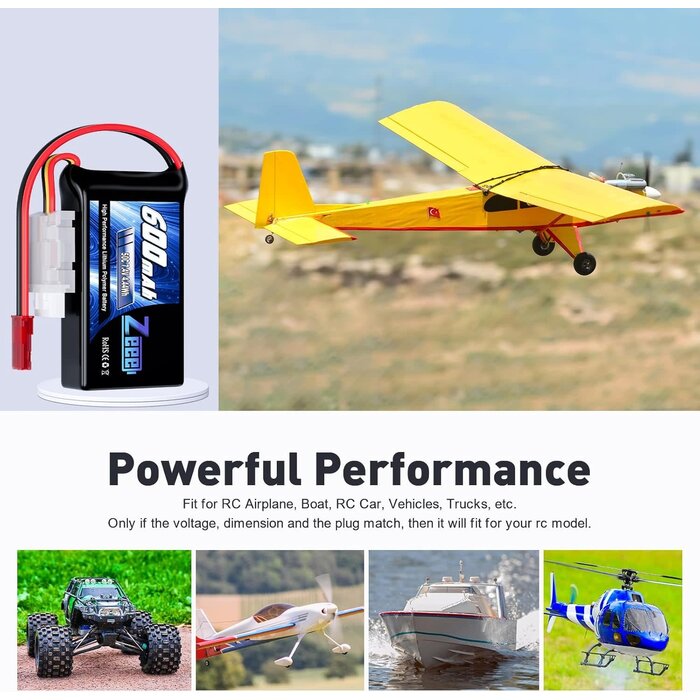 Z-2S-600mAh-7.4V-JST - Zeee 2S Lipo Battery 600mAh 7.4V 50C with JST Connector for FPV Helicopter Airplane RC Boat Racing Drone Quadcopter RC Car RC Models