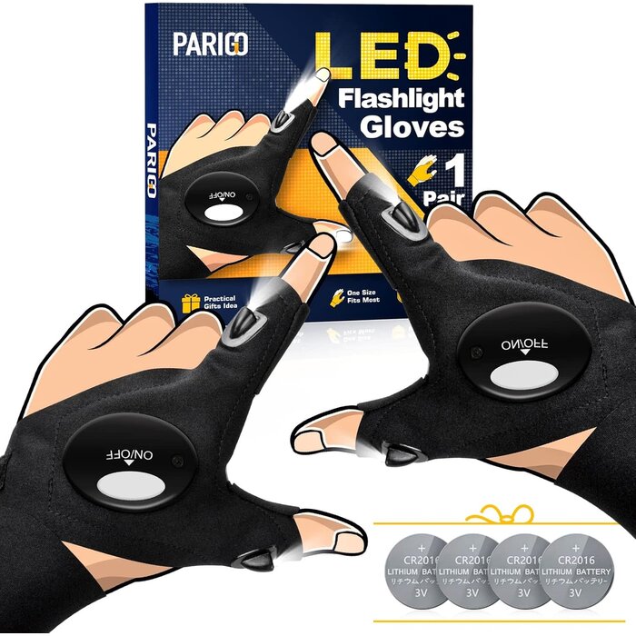 LED-GLVS - Parigo Waterproof  LED Flashlight Gloves, One Size Fits Most, Stretchy for Large Hands