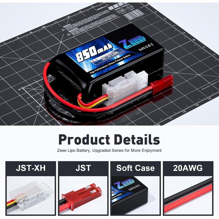 Z-2S-850mAh-7.4V-JST - Zeee 2S Lipo Battery 850mAh 7.4V 50C Soft Pack RC Battery with JST Connector for FPV Drone Quadcopter Airplane RC Boat Helicopter RC Car RC Models