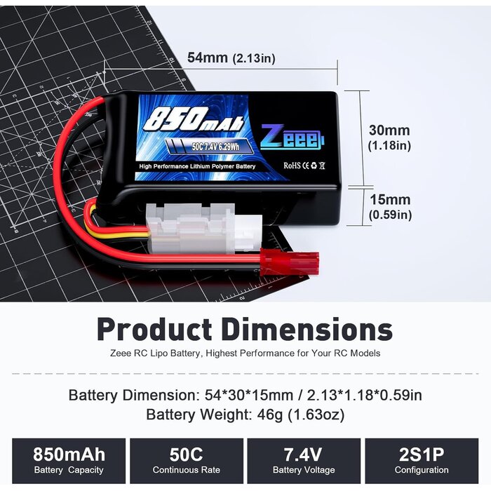 Z-2S-850mAh-7.4V-JST - Zeee 2S Lipo Battery 850mAh 7.4V 50C Soft Pack RC Battery with JST Connector for FPV Drone Quadcopter Airplane RC Boat Helicopter RC Car RC Models
