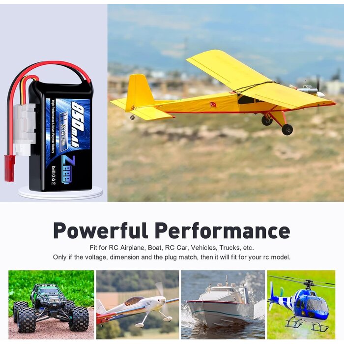 Z-2S-850mAh-7.4V-JST - Zeee 2S Lipo Battery 850mAh 7.4V 50C Soft Pack RC Battery with JST Connector for FPV Drone Quadcopter Airplane RC Boat Helicopter RC Car RC Models
