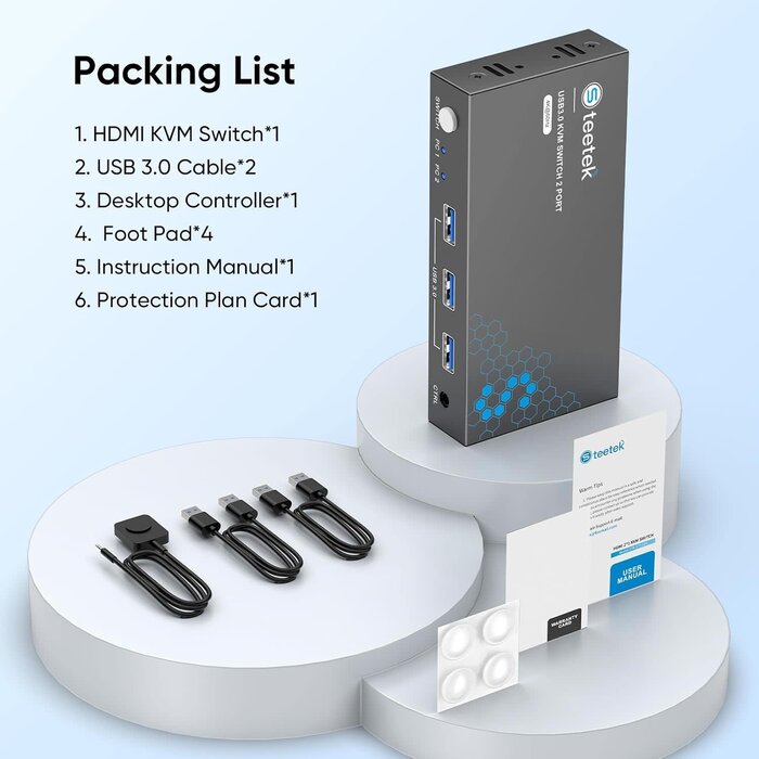STK-S7232H - Hearvo USB 3.0 HDMI KVM Switch 1 Monitors 2 Computers, 4K@60Hz KVM Switches for 2 Computers Sharing Monitor Keyboard Mouse Hard Drives Printer, with EDID Adaptive, 2USB Cable and Controller