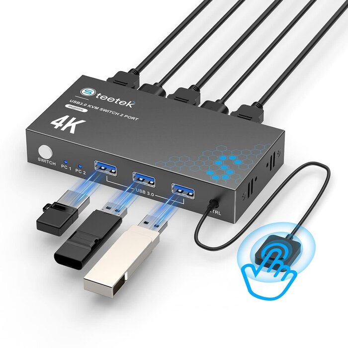 STK-S7232H - Hearvo USB 3.0 HDMI KVM Switch 1 Monitors 2 Computers, 4K@60Hz KVM Switches for 2 Computers Sharing Monitor Keyboard Mouse Hard Drives Printer, with EDID Adaptive, 2USB Cable and Controller