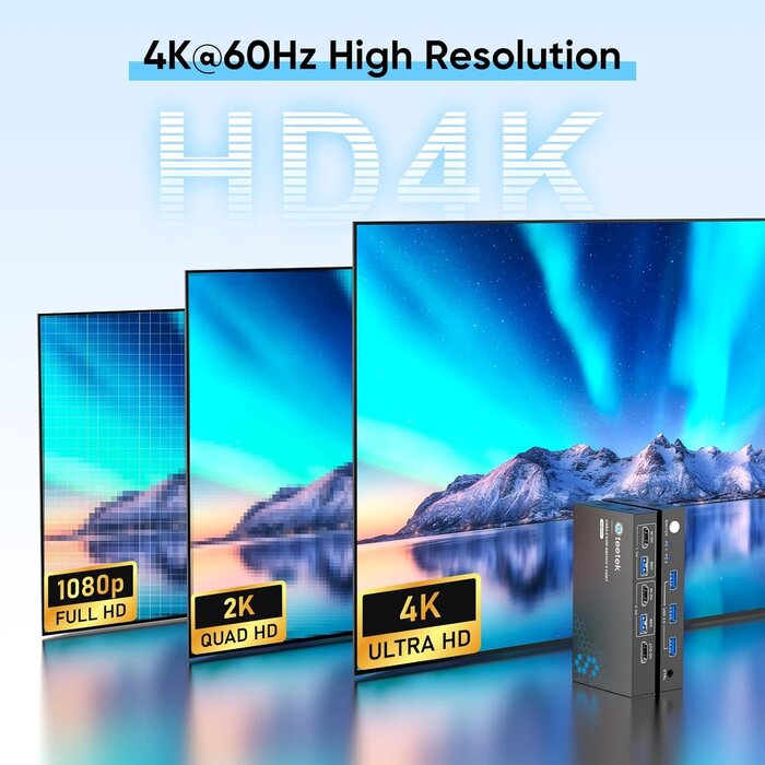 STK-S7232H - Hearvo USB 3.0 HDMI KVM Switch 1 Monitors 2 Computers, 4K@60Hz KVM Switches for 2 Computers Sharing Monitor Keyboard Mouse Hard Drives Printer, with EDID Adaptive, 2USB Cable and Controller