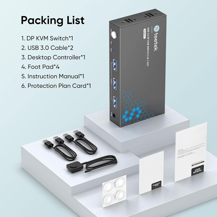 STK-S7230P - Hearvo USB 3.0 DisplayPort KVM Switch 1 Monitor 2 Computers, 8K@60Hz KVM Switches for 2 Computers Sharing Monitor Keyboard Mouse Hard Drives Printer, with EDID Adaptive, 2 USB Cable and Controller