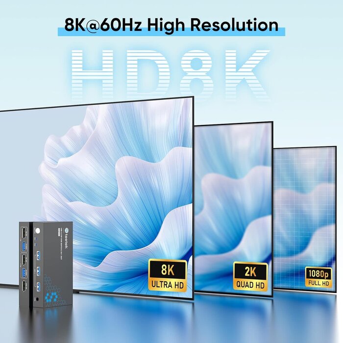 STK-S7230P - Hearvo USB 3.0 DisplayPort KVM Switch 1 Monitor 2 Computers, 8K@60Hz KVM Switches for 2 Computers Sharing Monitor Keyboard Mouse Hard Drives Printer, with EDID Adaptive, 2 USB Cable and Controller