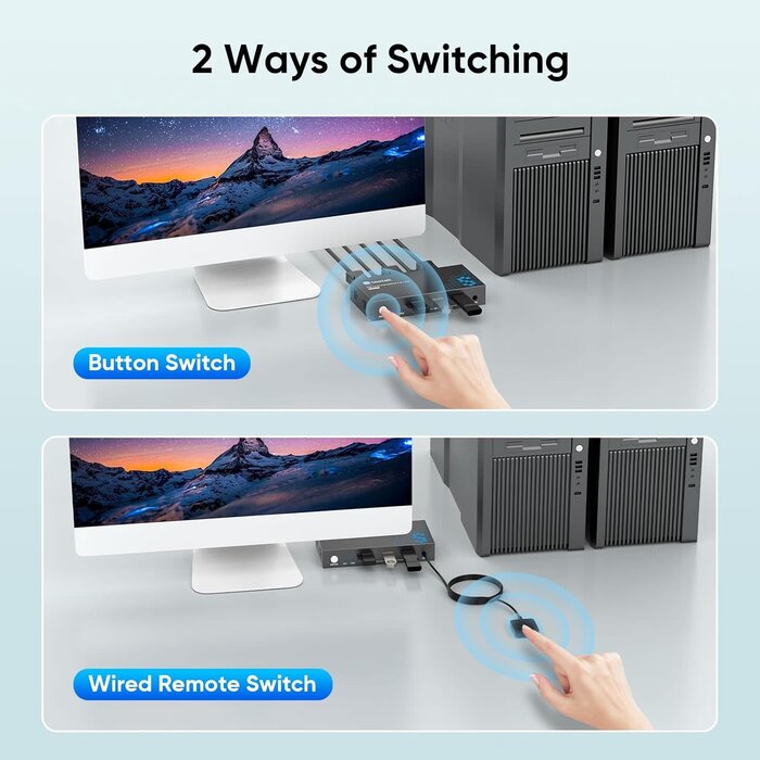 STK-S7230P - Hearvo USB 3.0 DisplayPort KVM Switch 1 Monitor 2 Computers, 8K@60Hz KVM Switches for 2 Computers Sharing Monitor Keyboard Mouse Hard Drives Printer, with EDID Adaptive, 2 USB Cable and Controller