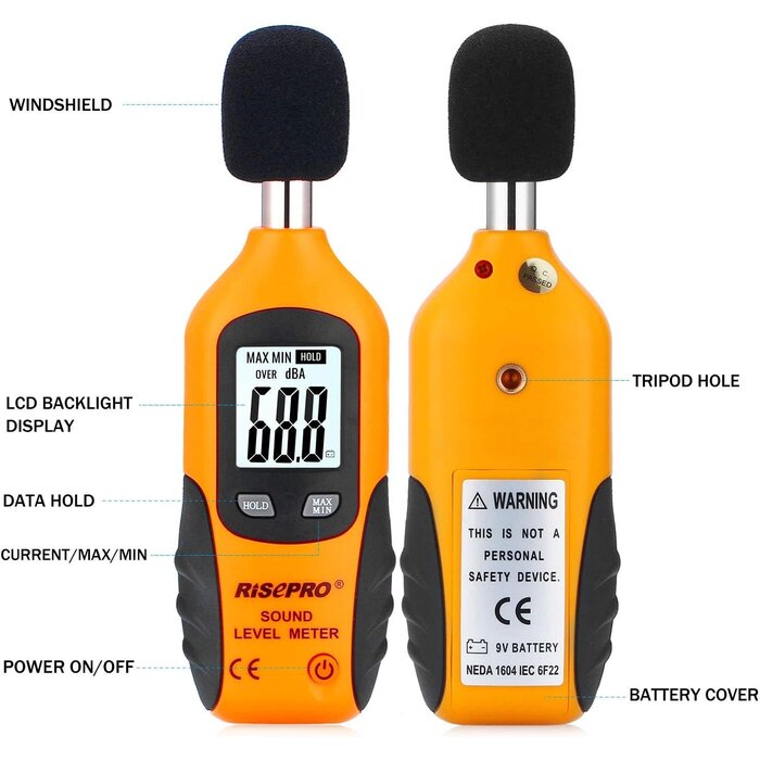 HT-80A - RISEPRO® Decibel Meter, Digital Sound Level Meter 30 – 130 dB Audio Noise Measure Device Backlight MAX/MIN, Data Hold Auto Power Off Dual Ranges HT-80A