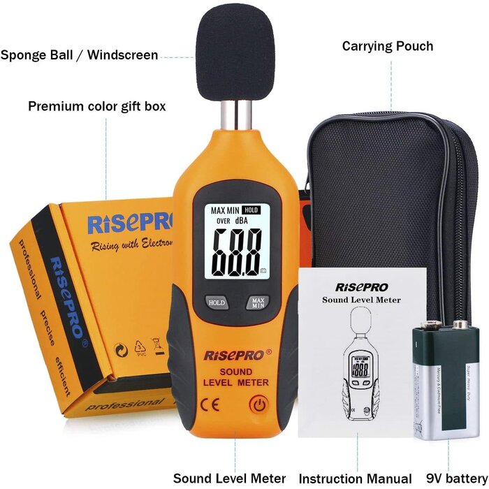 HT-80A - RISEPRO® Decibel Meter, Digital Sound Level Meter 30 – 130 dB Audio Noise Measure Device Backlight MAX/MIN, Data Hold Auto Power Off Dual Ranges HT-80A