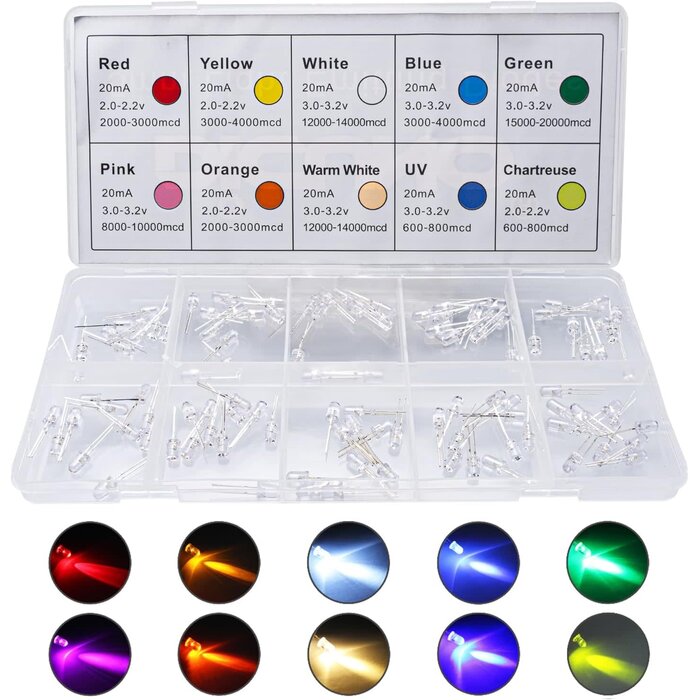 450pcs (5 Colors x 90pcs) 5mm LED Light Emitting Diode Round Assorted Color White/Red/Yellow/Green/Blue Kit Box