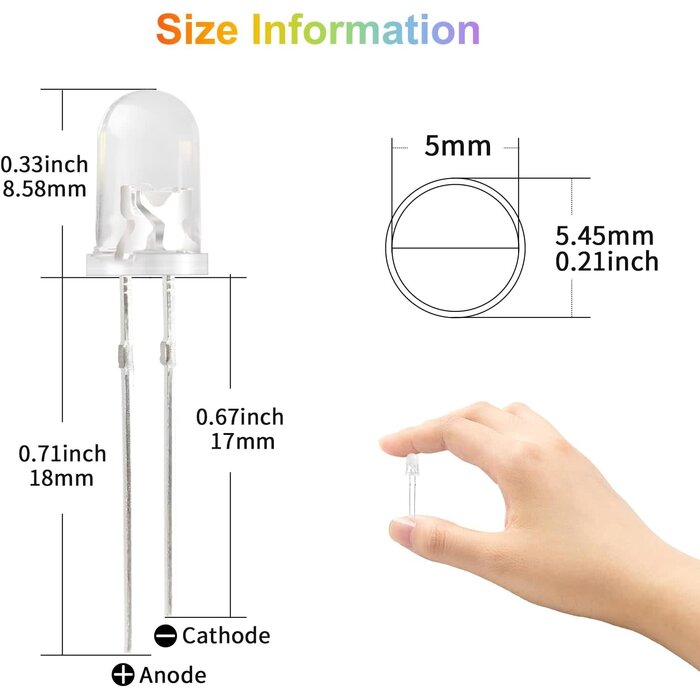 450pcs (5 Colors x 90pcs) 5mm LED Light Emitting Diode Round Assorted Color White/Red/Yellow/Green/Blue Kit Box