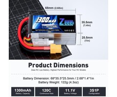 Z-3S-11.1V-1300mAh-XT60 - Zeee 11.1V 120C 1300mAh 3S RC Lipo Battery Graphene Battery with XT60 Plug for FPV Racing Drone Quadcopter Helicopter Airplane RC Boat RC Car RC Models