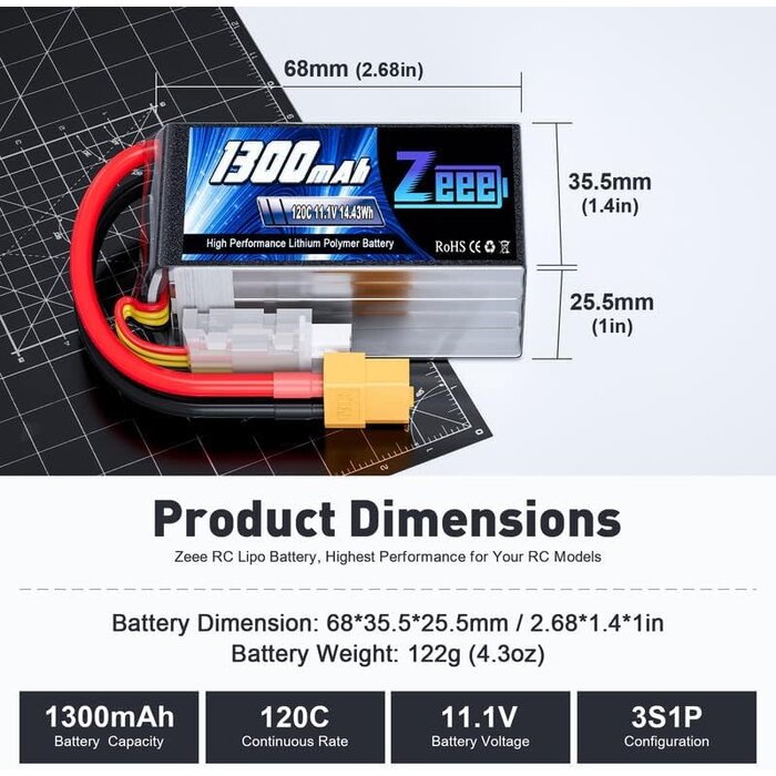 Z-3S-11.1V-1300mAh-XT60 - Zeee 11.1V 120C 1300mAh 3S RC Lipo Battery Graphene Battery with XT60 Plug for FPV Racing Drone Quadcopter Helicopter Airplane RC Boat RC Car RC Models