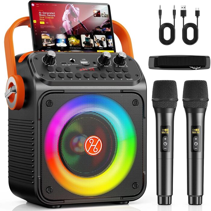 T35-T - HUALIAN Karaoke Machine, Portable Bluetooth Karaoke Speaker with 2 Wireless Microphones for Adults, PA System with Echo Adjustment, LED Lights, Supports USB/TF/REC/FM/AUX, for Home Party, Outdoor