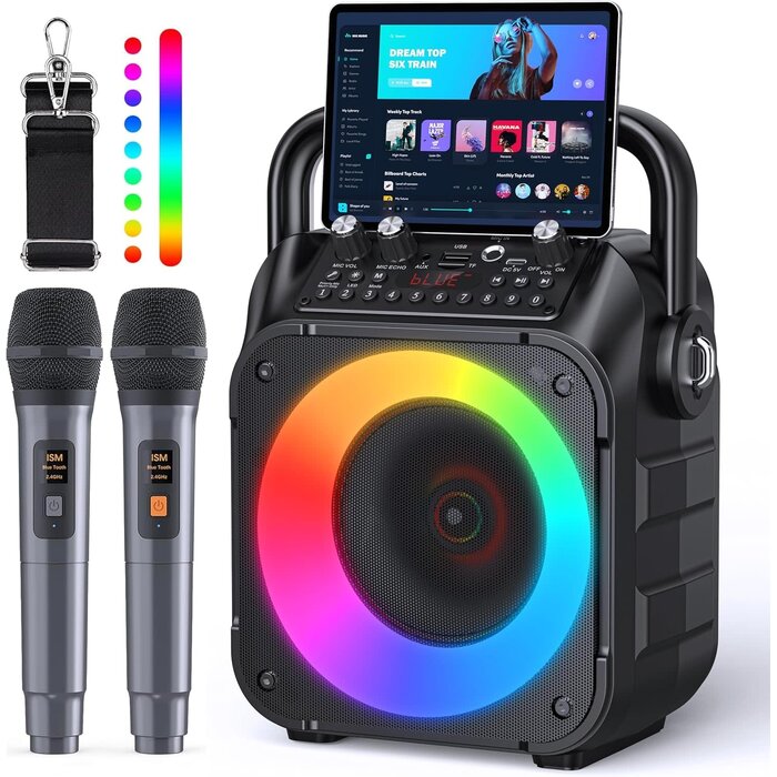 K9-M - CYY Karaoke Machine, Portable Bluetooth Speaker with 2 Wireless Microphones for Adults & Kids with Lights, Karaoke Microphone with PA System Supports USB/TF/FM/AUX for Home Party Home System Packages