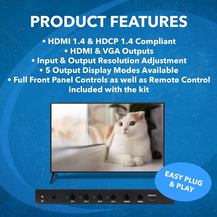 HD-401MV - OREI HDMI Switcher 4 in 1 Out with Quad Screen Multiviewer - Supports 1080p, DTS/Dolby Audio, IR Remote Control, Seamless Switching, Compatible with HDMI Devices